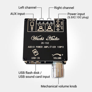 ZK-152 15Wx2 Audio Power Amplifier Stereo Amplifier Module Bluetooth Digital Power Amp Board