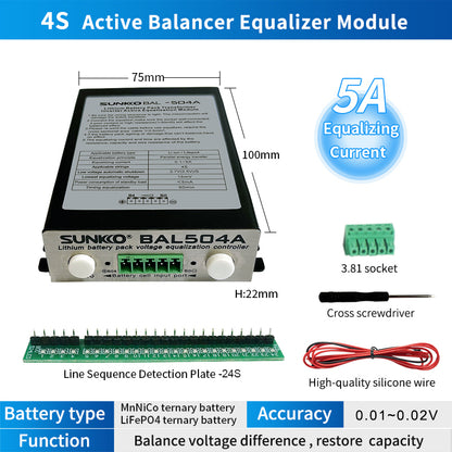 SUNKKO BAL-504A 5A Battery Balancer Lithium Battery Pack Voltage Equalization Controller with Shell