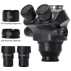 7X-50X Stereo Trinocular Head + WF10X/22mm Eyepiece Eye-Guards 0.5X &amp; 2.0X Auxiliary Objective Lens