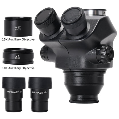 7X-50X Stereo Trinocular Head + WF10X/22mm Eyepiece Eye-Guards 0.5X &amp; 2.0X Auxiliary Objective Lens