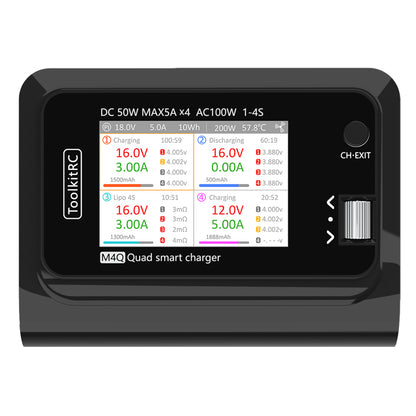 ToolkitRC M4Q 4x50w 5A 1-4S AC 100W 4 Ports XT60 XT30 DC Smart Charger 32 Bit ARM IPS Bright Clear Wide Angle Display