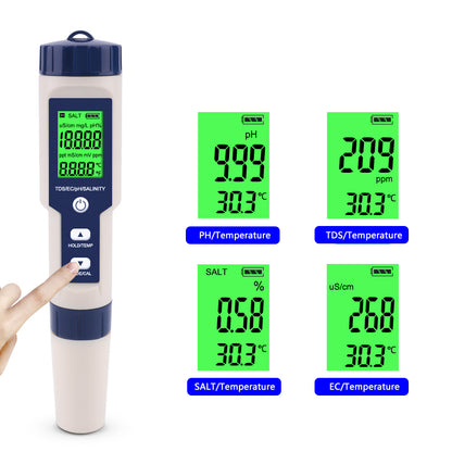 5-In-1 Water Quality Tester Pen-Shaped Water Quality Meter EZ-9909A for TDS/EC/PH/SALINITY/TEMP