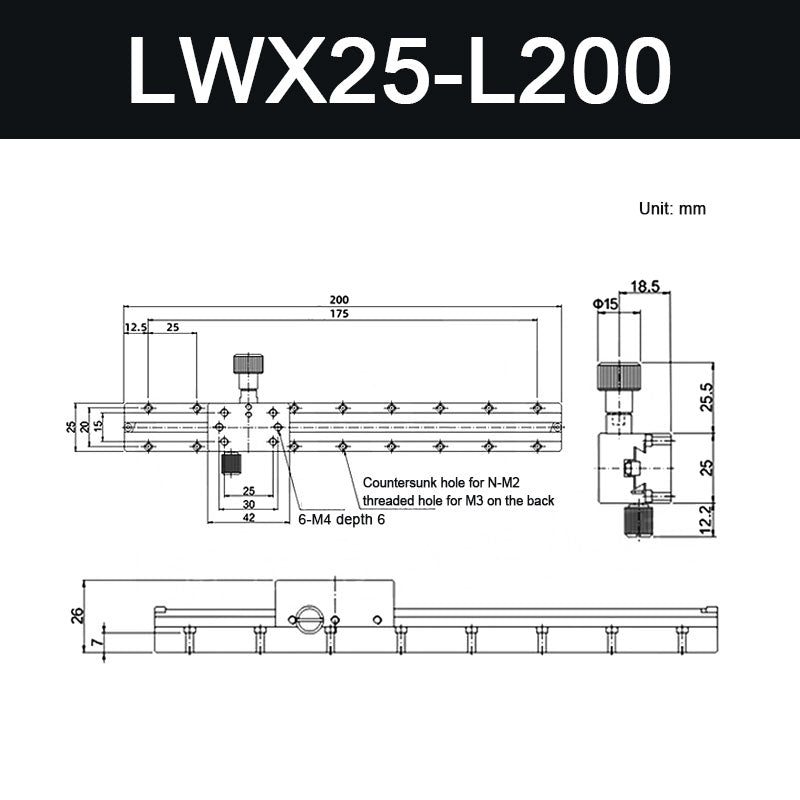 LWX25-L200 X-Axis Sliding Table Precision Manual Sliding Table with Dovetail Groove 180mm/7.1" Travel