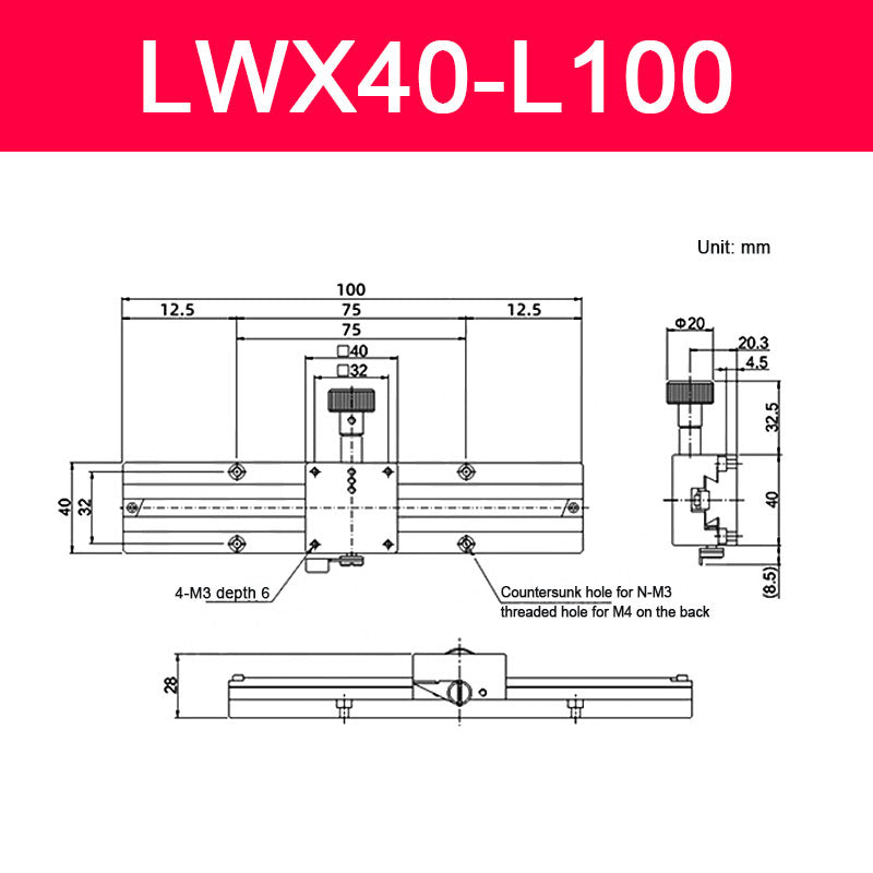 LWX40-L100 X-Axis Sliding Table Precision Manual Sliding Table with Dovetail Groove 60MM/2.4" Travel