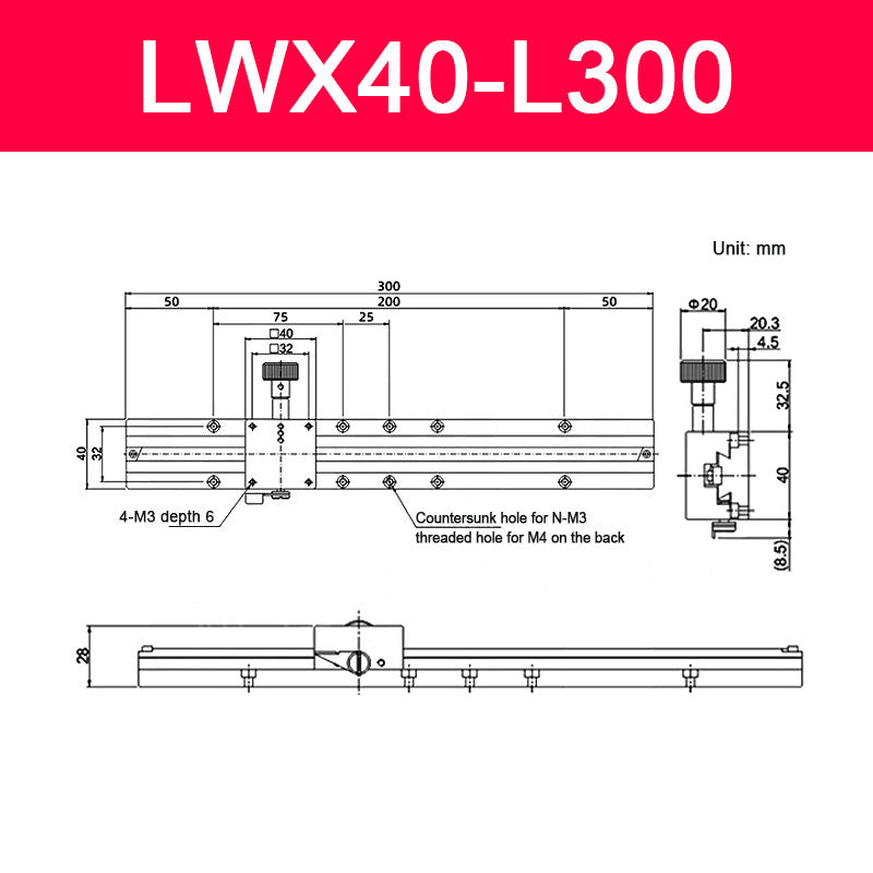 LWX40-L300 X-Axis Sliding Table Precision Manual Sliding Table with Dovetail Groove 260MM/10.2" Travel