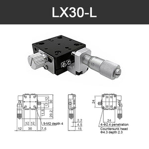 LX30-L 30x30MM/1.2x1.2" X-Axis Sliding Stage Fine-Tuning Manual Sliding Table Left Handed Micrometer