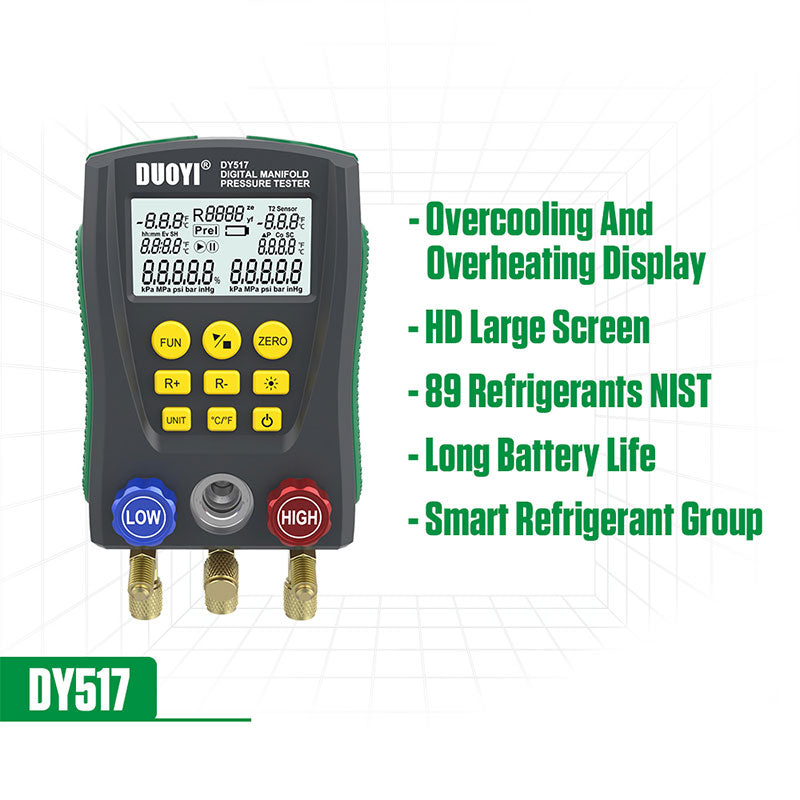 DUOYI DY517 Refrigerant Pressure Gauge Digital Manifold Pressure Tester for Car Household Air Conditioner