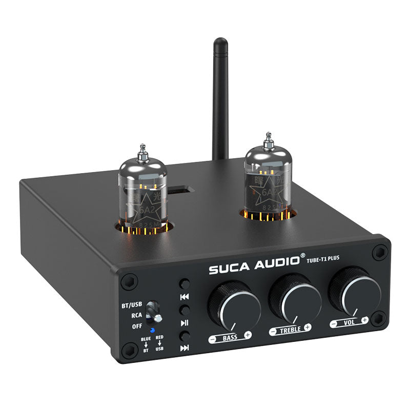 SUCA AUDIO Black 6A2 Vacuum Tube TUBE-T1 PLUS Preamplifier USB and Bluetooth 5.0 Lossless Amplifier with Treble and Bass Adjustment