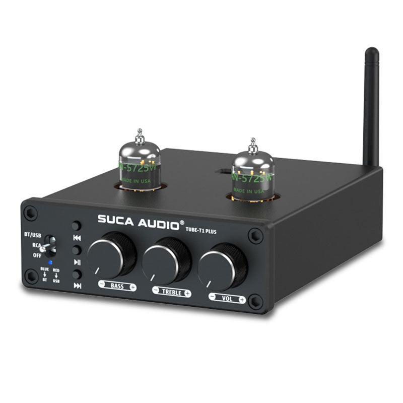 SUCA AUDIO Black 5725 Vacuum Tube TUBE-T1 PLUS Preamplifier USB and Bluetooth 5.0 Lossless Amplifier with Treble and Bass Adjustment