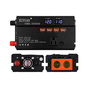 600W DC 12V/24V to 110V Car Power Inverter Solar Power Inverter w/ US Socket LED Screen 4 USB Ports