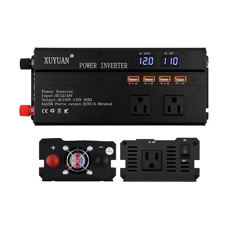 1200W DC 12V/24V to 110V Car Power Inverter Solar Power Inverter w/ US Socket LED Screen 4 USB Ports