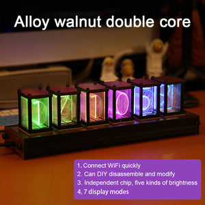 RGB Pseudo Glow Tube Clock Room Digital Clock Dual Imported Chip Wifi Time Synchronization Walnut