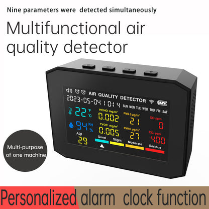 9-in-1 Air Quality Detector Air Quality Tester Clock Alarm Black w/ 3.8&quot; Screen Adjustable Backlight