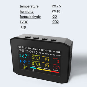 9-in-1 Air Quality Detector Air Quality Tester Clock Alarm Black w/ 3.8&quot; Screen Adjustable Backlight