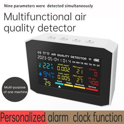 9-in-1 Air Quality Detector Air Quality Tester Clock Alarm White w/ 3.8&quot; Screen Adjustable Backlight