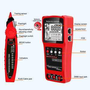 ET628 3-in-1 Multimeter Network Cable Tester Visual Fault Locator Kit with K-Type Temperature Probe