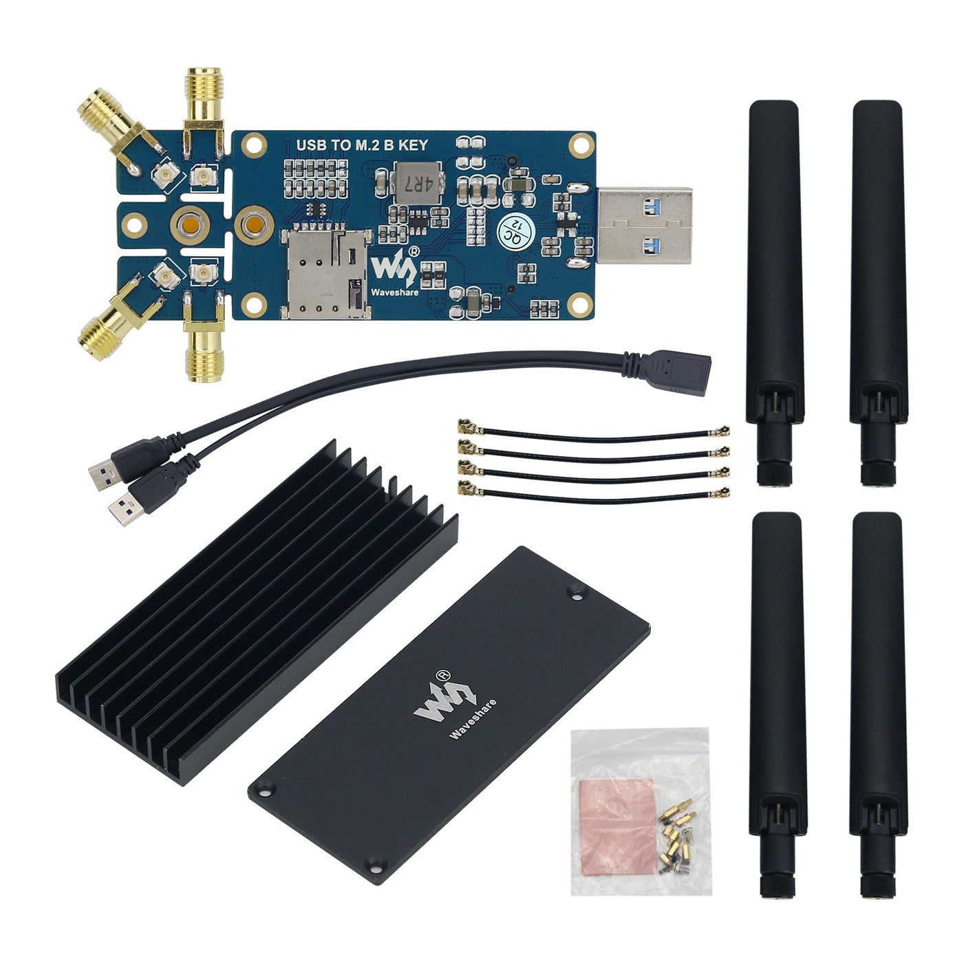Waveshare USB TO M.2 B KEY 3/4/5G Module DONGLE Expansion Board with Quad Antenna and Aluminum Alloy Heatsink