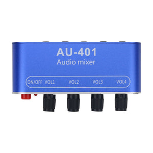 AU-401 4 Channel Audio Mixer Sound Mixer 5DB Gain with 4 Inputs 1 Output for Stereo Audio Sources