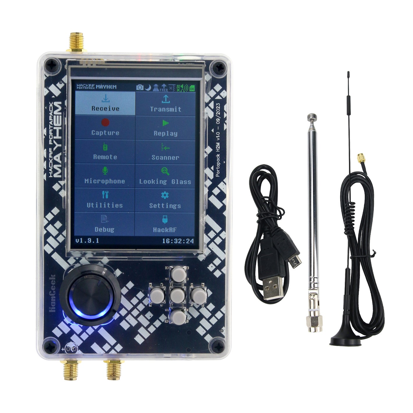HamGeek HackRF One R9 V2.0.0 SDR Radio + PortaPack H2M 3.2" LCD + Shell Assembled + 2 Antennas + USB Cable