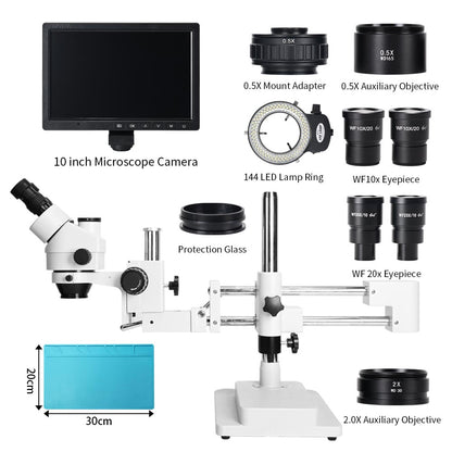 3.5X-180X Simul-Focal Double Boom Stand Trinocular Stereo Zoom Microscope 144-LED Ring Light with 10-inch Monitor