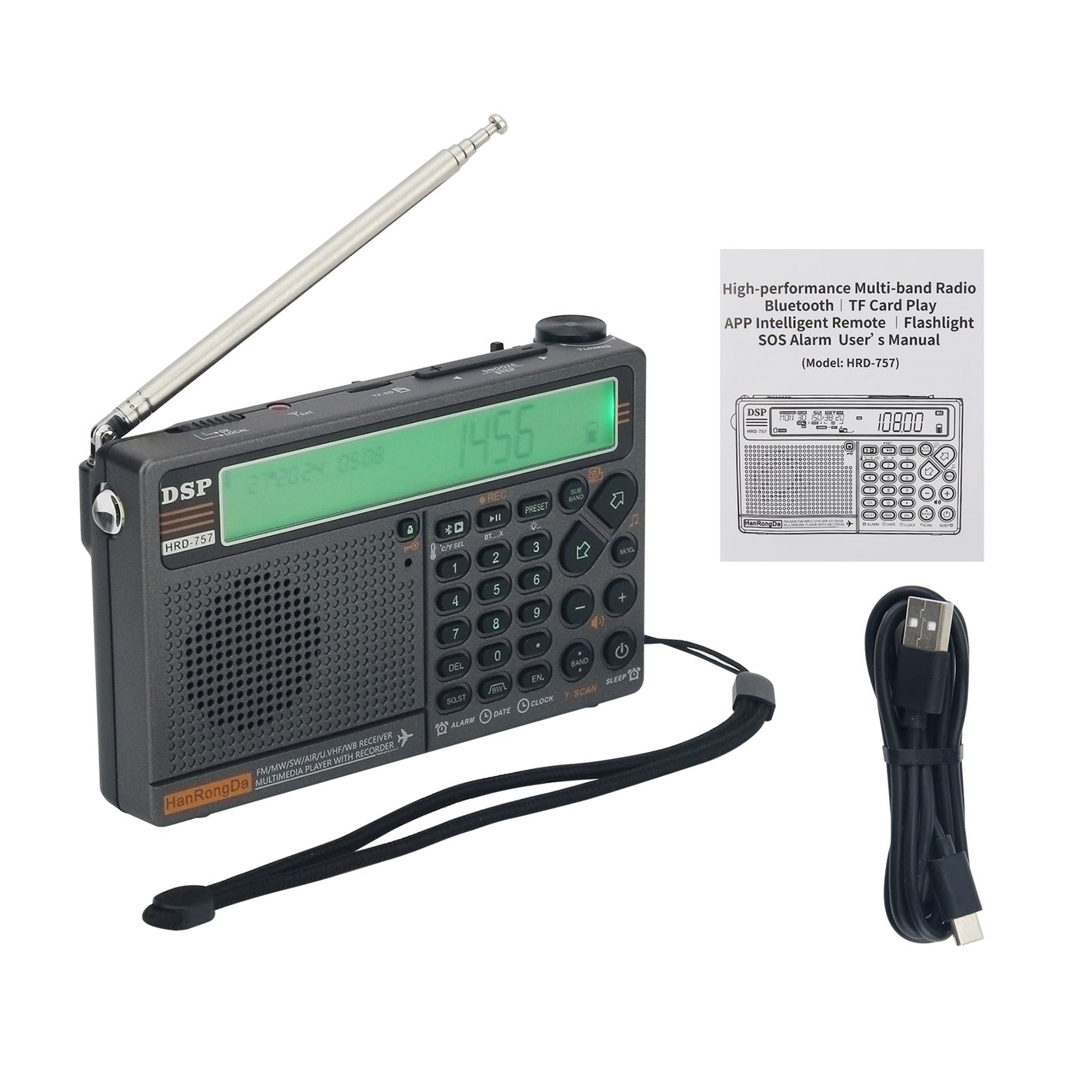 HanRongDa HRD-757 Green Backlight High Performance Multi-band Radio AM/FM/SW APP Smart Remote Control Bluetooth SOS Alarming