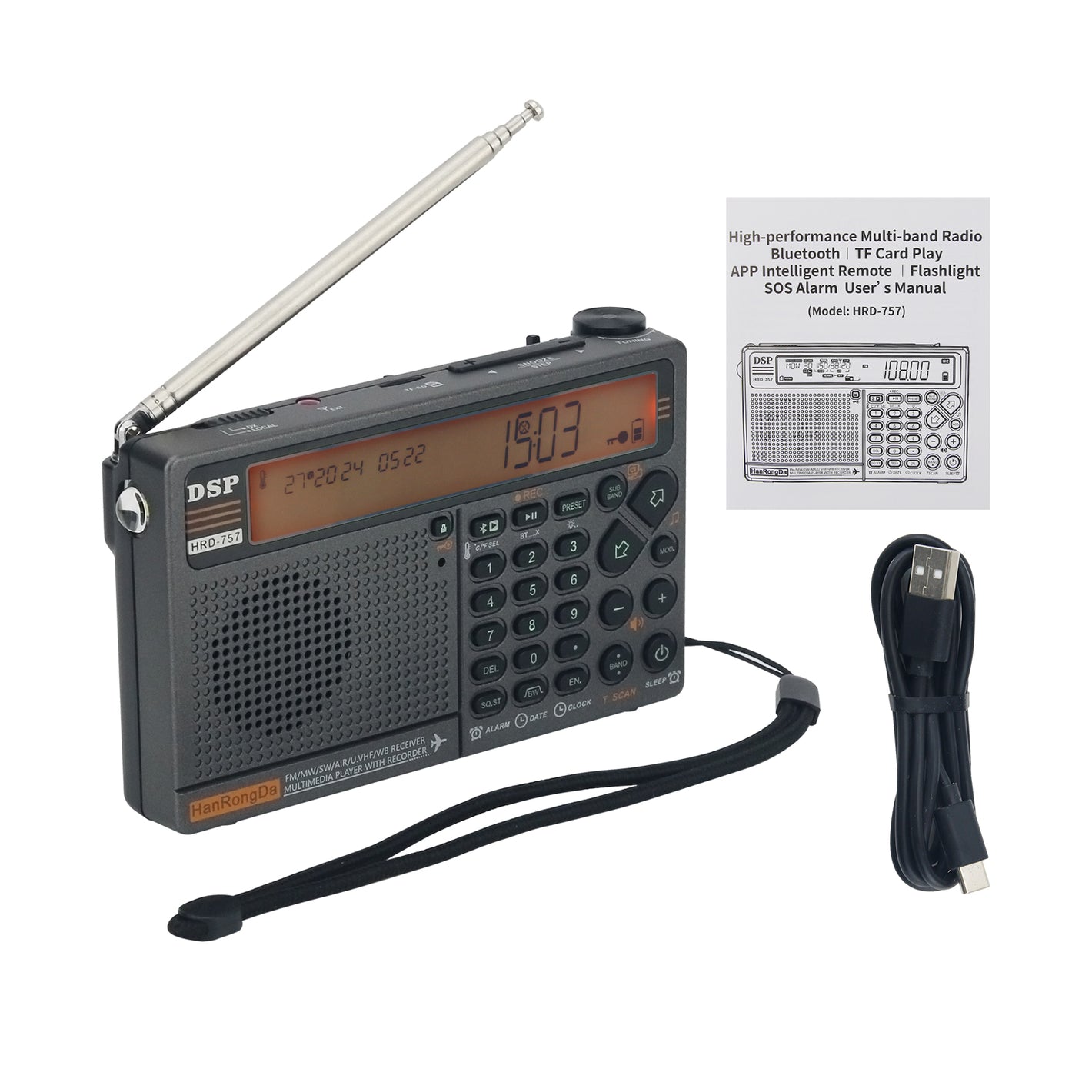 HanRongDa HRD-757 Orange Backlight High Performance Multi-band Radio AM/FM/SW APP Smart Remote Control Bluetooth SOS Alarming