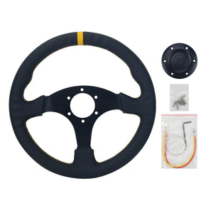 Simplayer 13 Inch Steering Wheel Universal Racing Wheel Leather + Yellow Stripe for OMP Modification