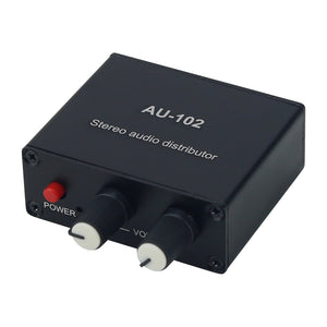 AU-102 Stereo Audio Distributor Audio Splitter Box Supporting 1 Input 2 Outputs + USB Power Cable