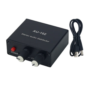 AU-102 Stereo Audio Distributor Audio Splitter Box Supporting 1 Input 2 Outputs + USB Power Cable