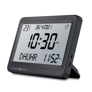 AL-FATIHA FAJ-113 (Black) Azan Clock Table Clock w/ 8 Azan Sounds &amp; Foldable Stand (White Screen)