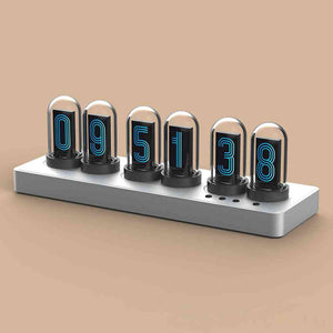 MiniIPS 6 Digit Clock Pseudo Glow Tube Clock Desktop Alarm Clock (Silver Gray) with Color IPS Screen