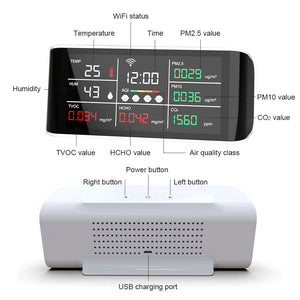DM69D-WIFI 9-in-1 Air Quality Monitor Detector for TEMP Humidity TVOC Time AQI HCHO PM2.5 PM10 CO2