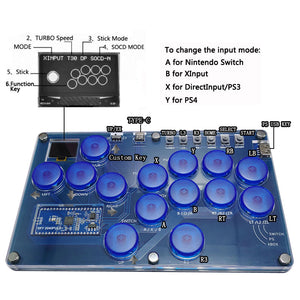 SimPlayer SP2040-14 14-Button Hitbox Arcade Controller with 2 UP Buttons (Transparent Blue Keycaps)