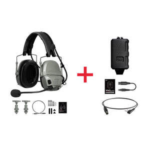 FCS AMP Tactical Headset Noise Cancelling Headset (Grey-green Standard Configuration) + V20 PTT Set