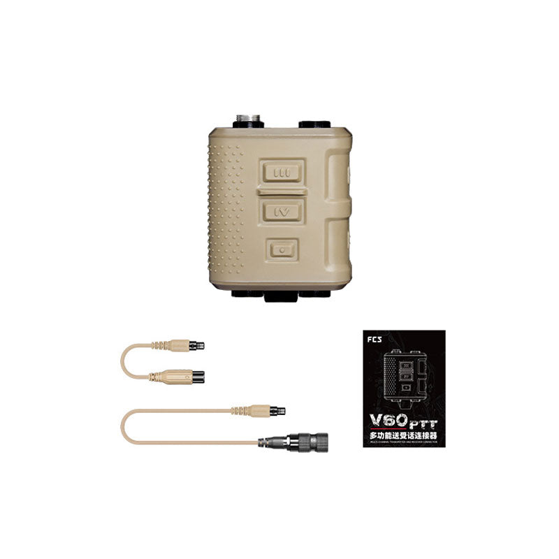 FCS V60 PTT Adapter Tan/Black with Cable for Two Radios and Tactical Headset U174/u Connector