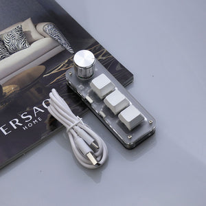 3-Key Keyboard Small Custom Keyboard (White with 1 Knob &amp; Red Switches) for Bluetooth + Wired Modes