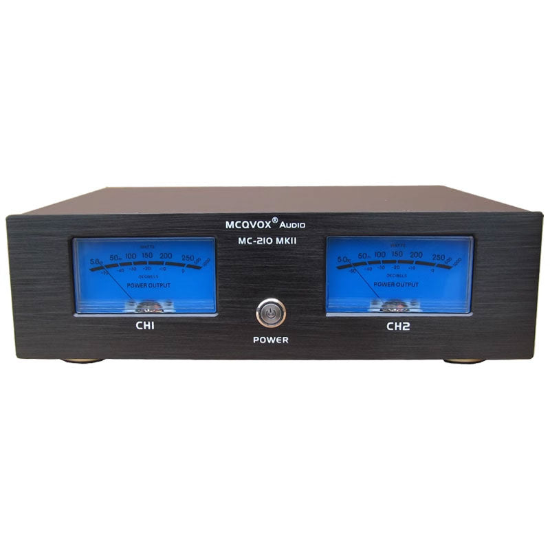 Black MCQVOX MC-210MKII HiFi Power Amplifier with Dual VU Meters High End Music Display Audio Amplifier Support Cabinet Mount