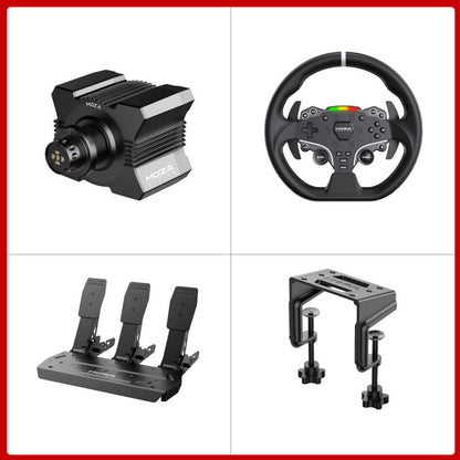 MOZA R5 5.5Nm Direct Drive Wheel Base + 11&quot; ES Steering Wheel + 3-Pedal SRP Lite + Table Clamp