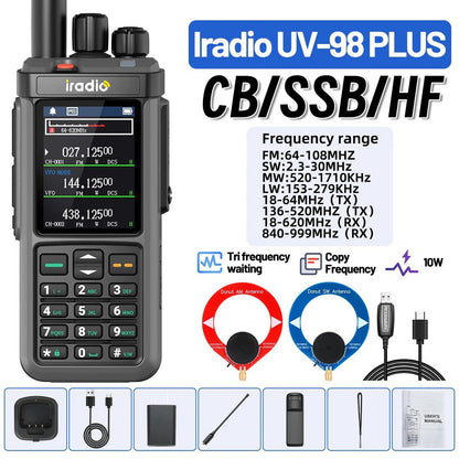 UV98Plus 10W Portable U/V Bands Walkie Talkie + Programming Cable with 500-2000KHz Donut AM and 4-24MHz Donut SW Antenna