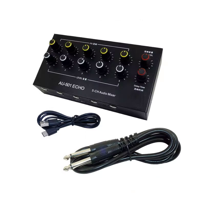 AU-501 Audio Mixer Microphone Instrument 5-IN 1-OUT Audio Expansion with Reverb Function