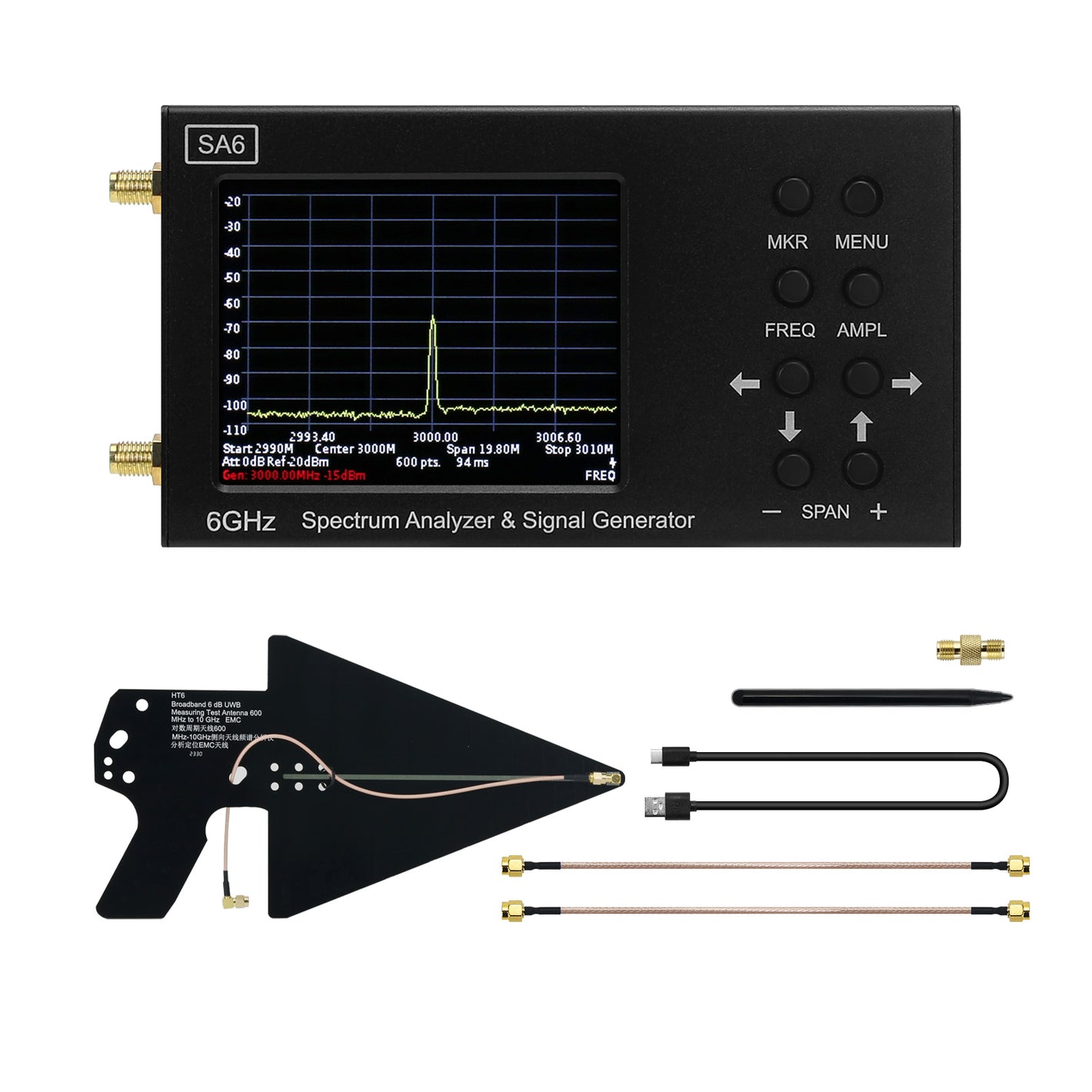 HAMGEEK SSA6G 35MHz-6200MHz RF Spectrum Analyzer RF Multimeter Spectrum Explorer + HT6 Log Periodic Antenna