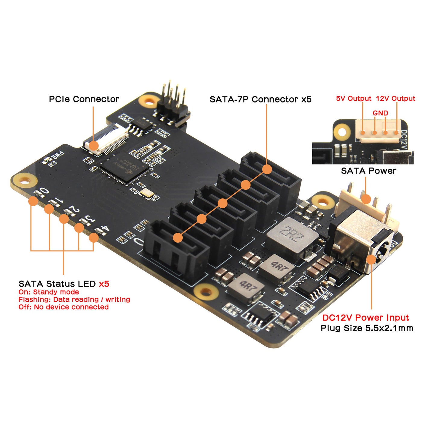 Geekworm X1009 PCIe to 5-Port SATA Expansion Board + H509 Passive Heatsink + DC 12V 5A Power Adapter (US/EU Plug)