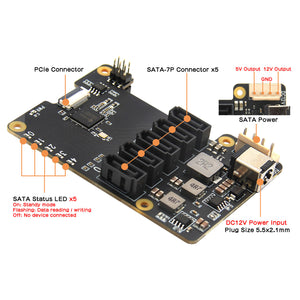 Geekworm X1009 PCIe to 5-Port SATA Expansion Board + 5 Data Cables + H500 Heatsink + Power Adapter (US/EU Plug)