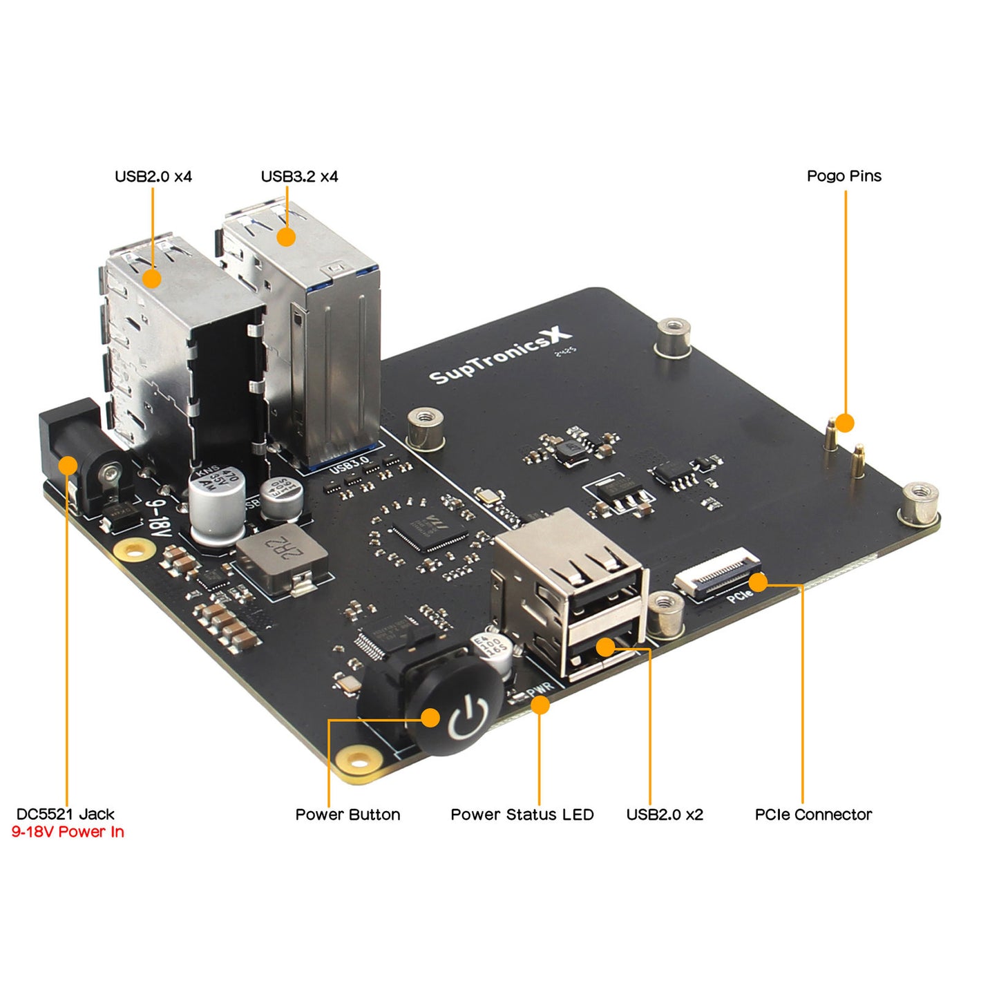 Geekworm X1013 SupTronicsX PCIe to 10-Port USB Expansion Board 9-18V Input and for Raspberry Pi 5