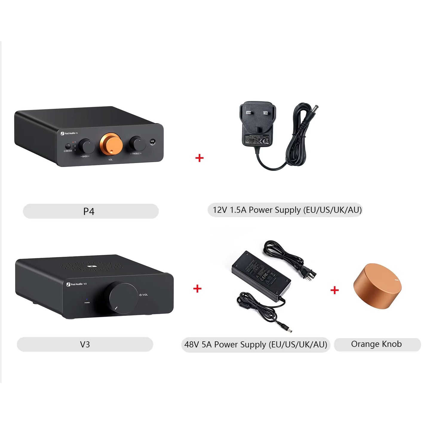 Fosi Audio P4 Mini Preamplifier + Fosi Audio V3 300Wx2 Mini Power Amplifier + 32V Power Adapter
