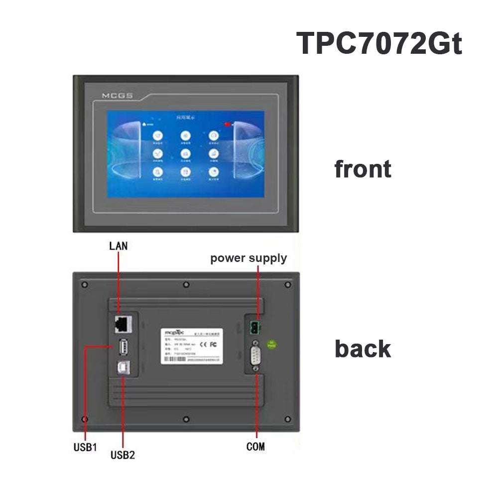 G Series MCGS TPC7072Gt Dark Gray 7-Inch HMI Display w/ 215mm×152mm Cutout 1 Ethernet Port 512MB+8GB
