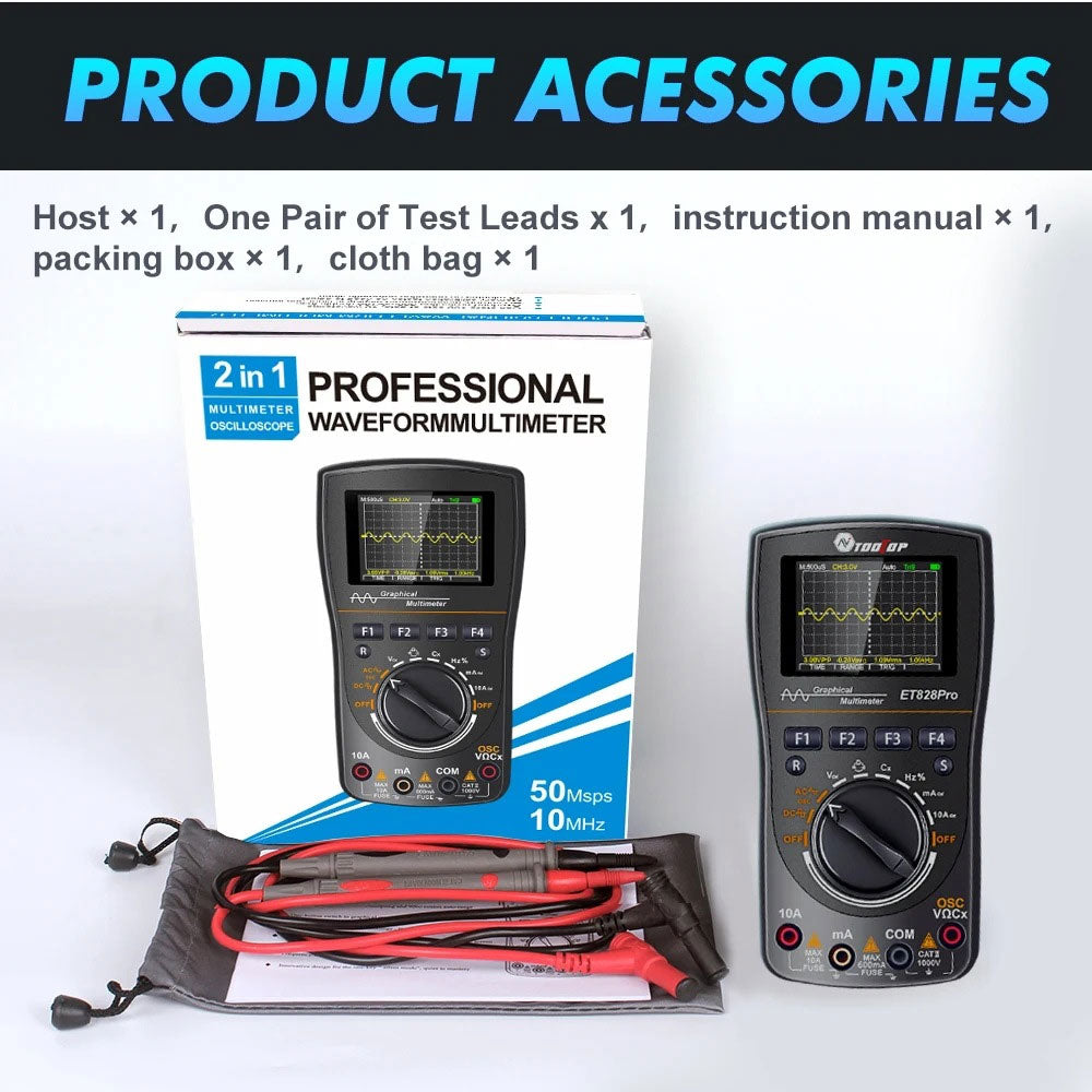 TOOLTOP ET828Pro Portable Digital Oscilloscope 10MHz 50Msps 2-IN-1 Professional Waveform Multimeter