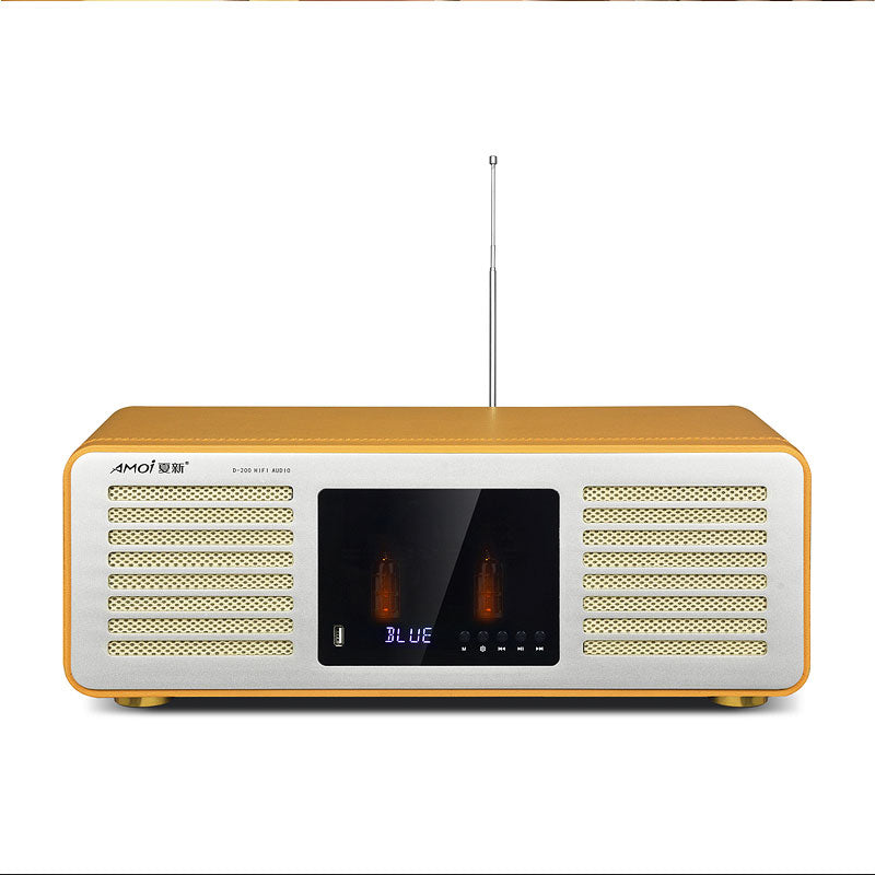 Amoi D-200 Dual Electronic Tubes Leather HiFi Speaker Retro Desktop Bluetooth5.0 Audio Speaker Built-in FM Receiving Module