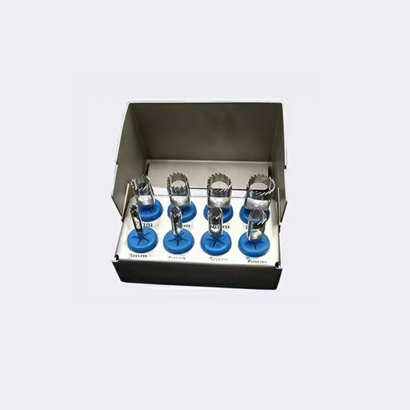 Set of 8PCS Silver Dental Trephine Drills Trephine Burs with Stainless Steel Sterilization Box