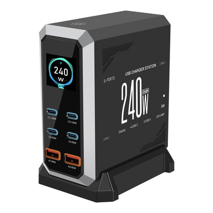 240W GaN Charger 6-Port USB Charger Station (Black) with Dynamic Display Screen for PC Smartphones